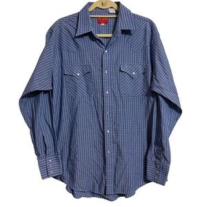 Plains Western Wear Mens Blue Plaid Snap Front Long Sleeve Shirt Size L